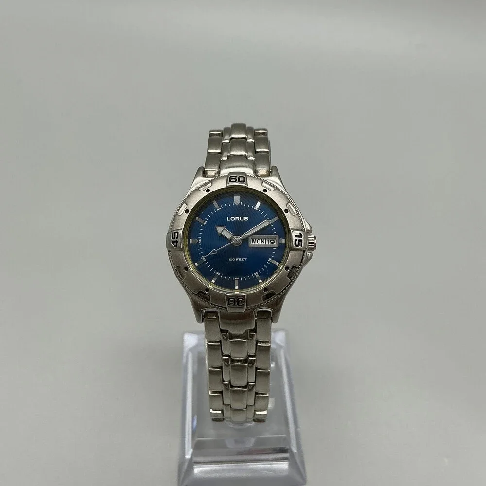 Lorus Womens Watch 28mm Blue Dial Day Date Stainless Steel New Battery 7